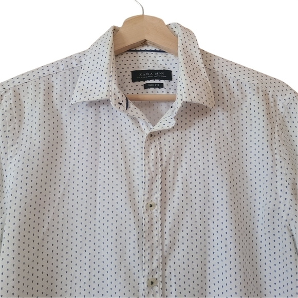 Zara Man long-sleeved white  blue bug slim fit buttoned up shirt - Picture 4 of 14